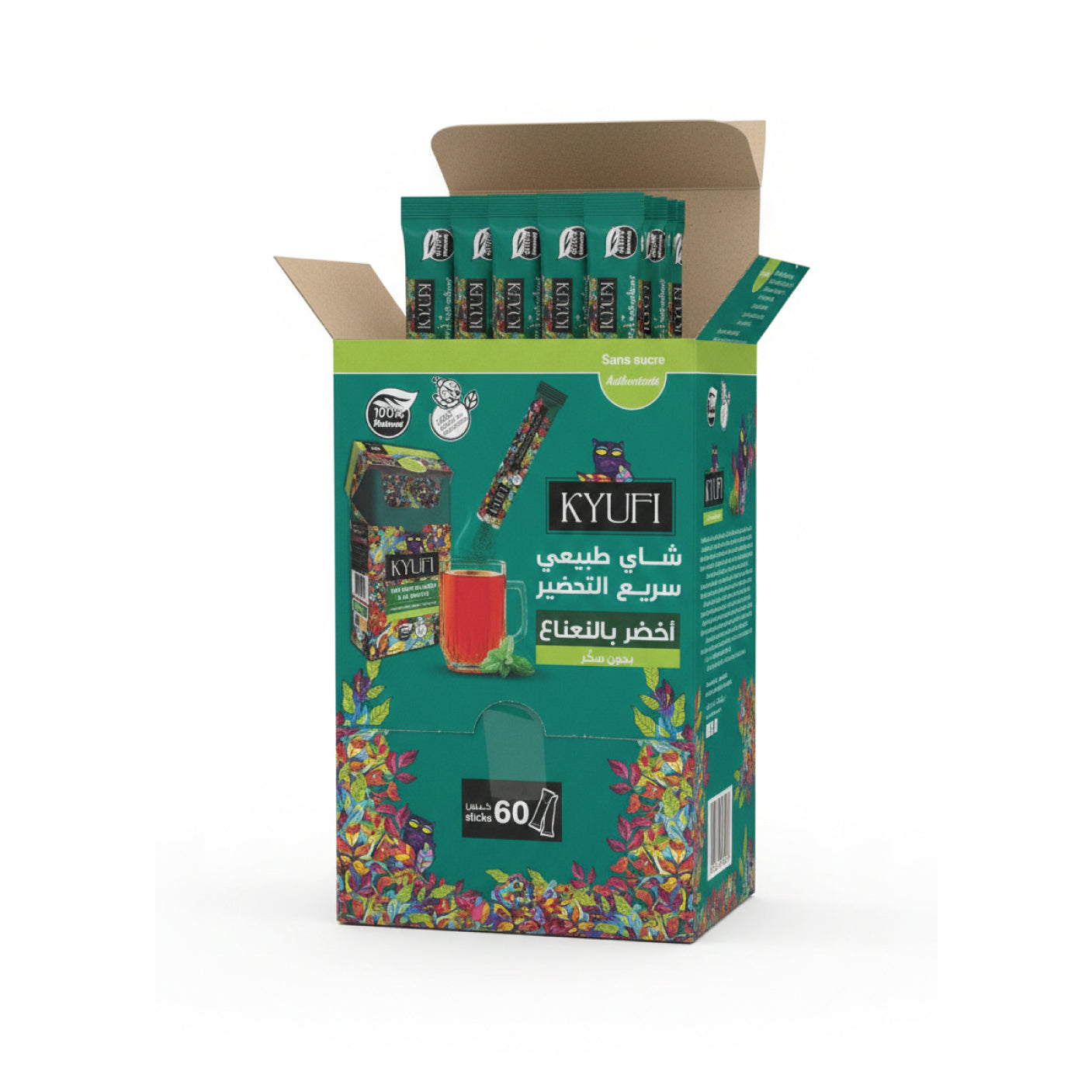 Kyufi Étui de 60 sachets – Thé vert à la menthe sans sucre